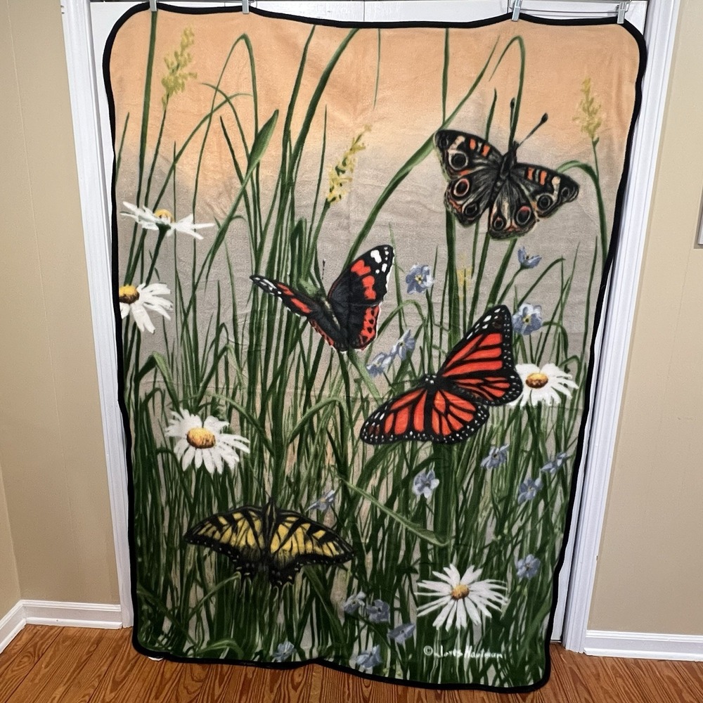 James Hautman Fleece Blanket Butterfly Garden Green Monarch Daisy